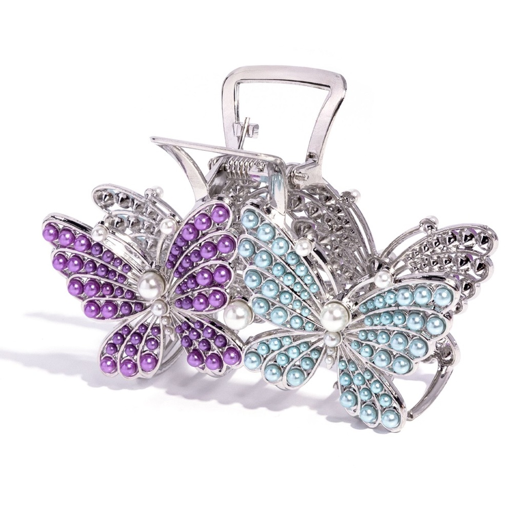 Elegant Silver Butterfly Hair Clip with Purple and Blue Accents